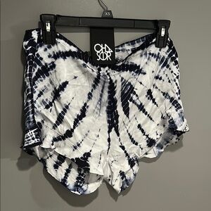 New! Chaser Women's Tie-Dye ruffle hem medium silky Shorts - Blue and White